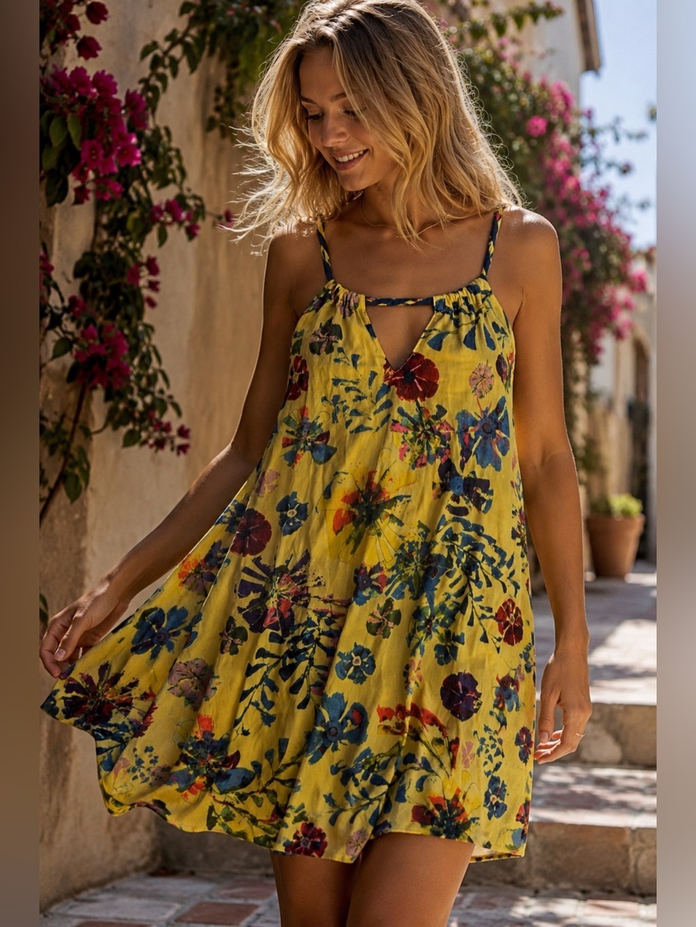 Anthropologie Vanessa Virginia Yellow Floral Swing Mini Dress Size US 0 Boho